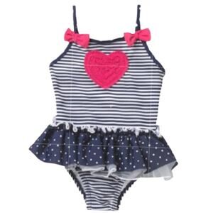 NWT Little Me Navy Ruffle Swimsuit With Red Heart 18 M